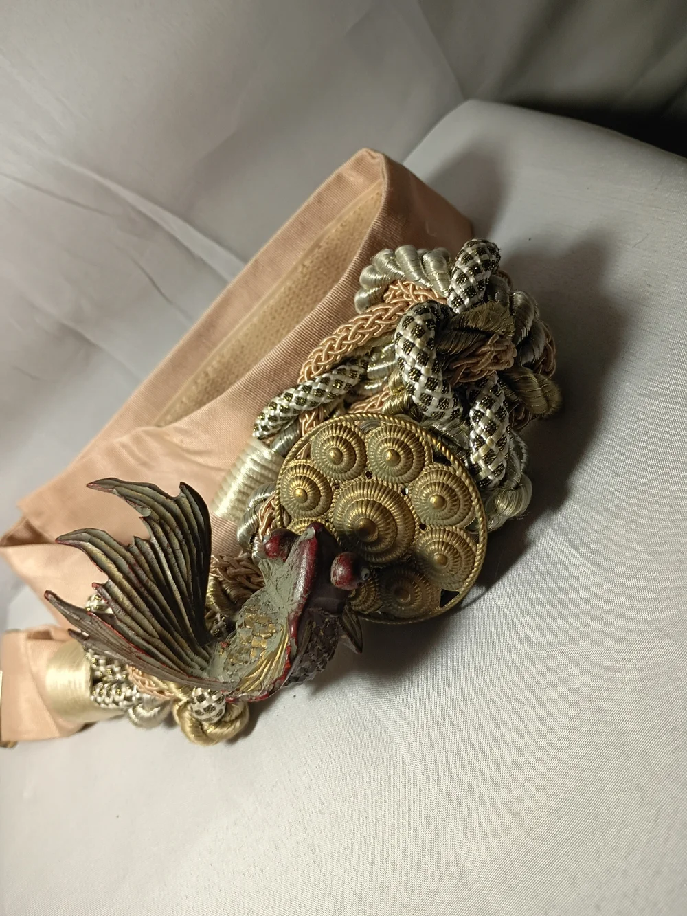 Vintage-Inspired Fish Motif Braided Belt in Peach and Metallics